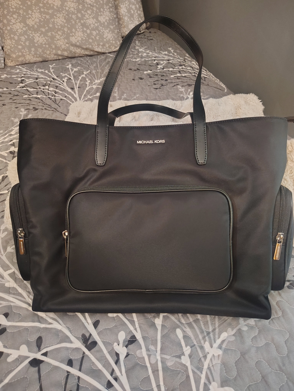 Michael Kors Black Large Nylon Tote Bag with Front & Side Pockets - New!